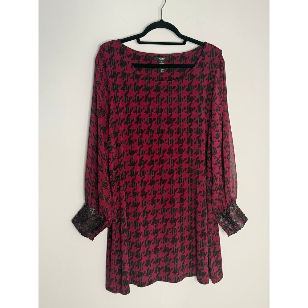 Alfani Maroon and Black Houndstooth Tunic Balloon Sleeves Faux Leather Cuffs 1X